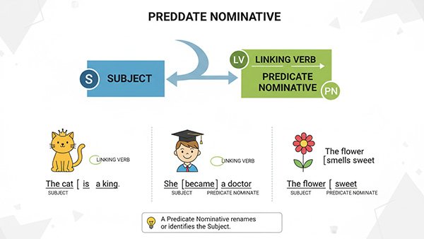 discuss predicate nominative and give two examples and put it in sentence