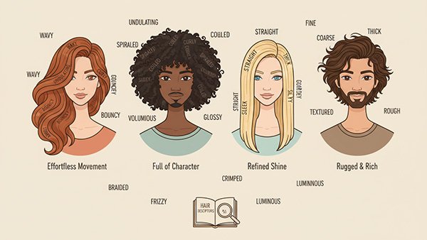 write 20 words th can be used to describe ones hair